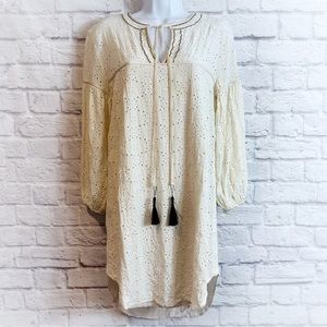 FLANNEL Australia Ivory Eyelet Cottagecore Beaded Tassel Dress *Flawed*